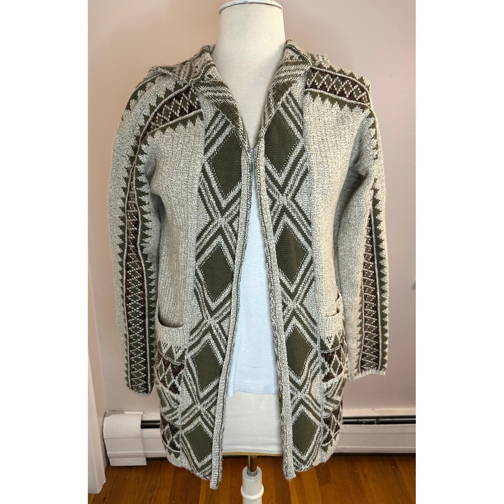 Lucky Brand Womens S/M Hooded Cardigan Southwestern Aztec Long Open Front Knit